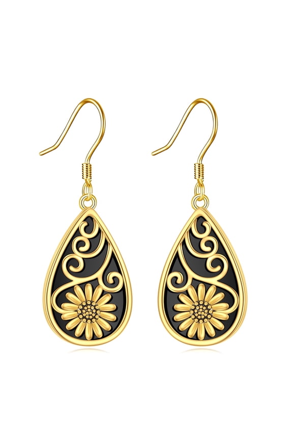 Sunflower Dangle Earrings Black Onyx 14K Gold Plated 925 Sterling Silver Black Onyx Sunflower Jewelry Gifts Flower Leverback Earrings for Women