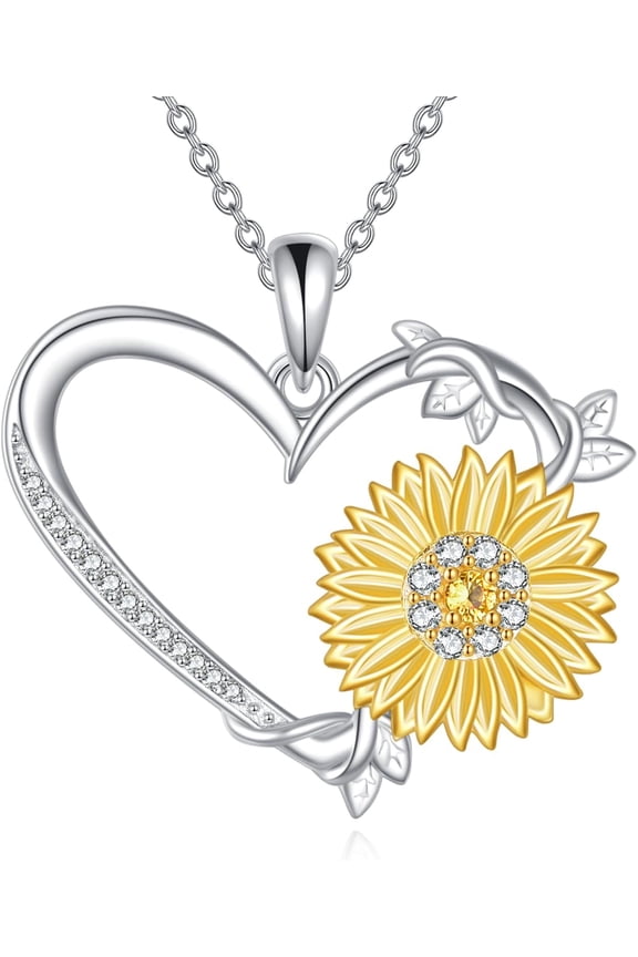 MYSTICPOEM Sunflower Necklace S925 Sterling Silver Heart Sunflower Pendant Flower Jewelry Gifts for Women Lover