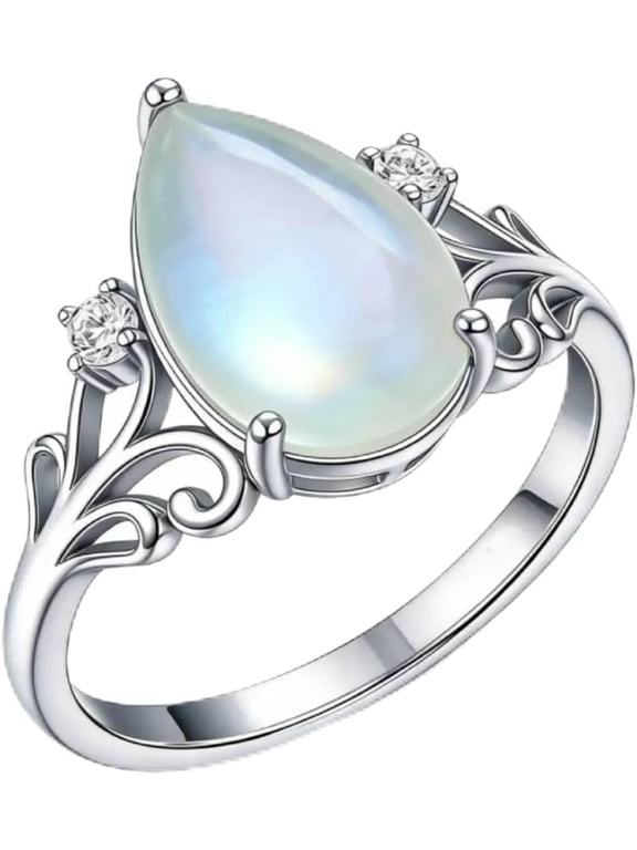 Teardrop Moonstone Ring for Women Filigree Moonstone Ring Gemstone Statement Rings Jewelry Gift for Wife (Size 7)