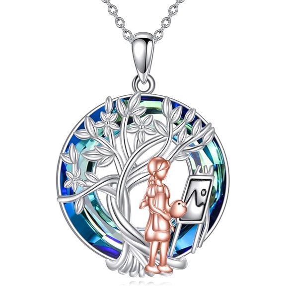 MYSTICPOEM Tree of Life Necklace Sterling Silver Crystal Jewelry Graduation Birthday Gifts for Women