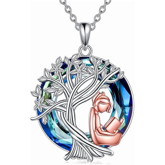 MYSTICPOEM Tree of Life Necklace Sterling Silver Crystal Jewelry Graduation Birthday Gifts for Women