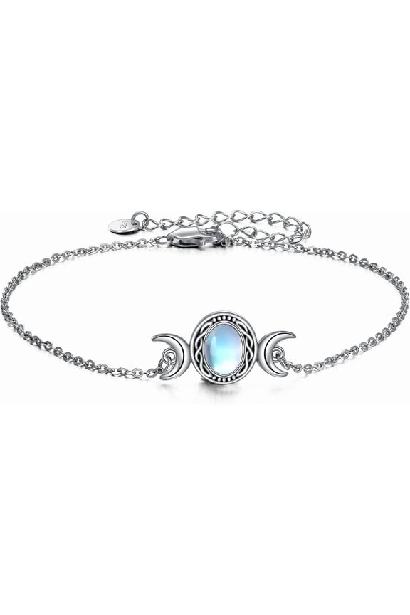 Triple Moon Goddess Bracelet Sterling Silver Pentagram Pentacle Bracelets Pagan Wiccan Magic Amulet Moonstone Jewelry for Women Men
