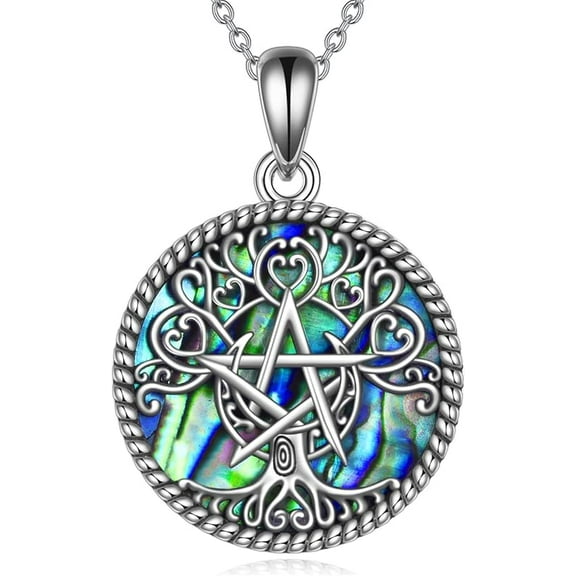MYSTICPOEM Triple Moon Goddess Necklace Sterling Silver Pentagram Pentacle Opal Pendant necklace Pagan Wiccan Magic Amulet Tree of Life Jewelry for Women Men 18"