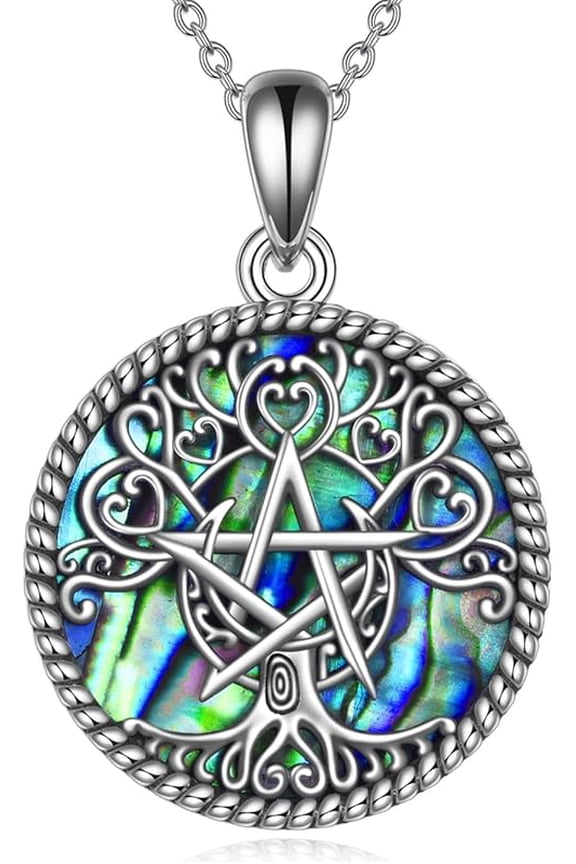 Triple Moon Goddess Necklace Sterling Silver Pentagram Pentacle Opal Pendant necklace Pagan Wiccan Magic Amulet Tree of Life Jewelry for Women Men 18"