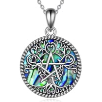 MYSTICPOEM Triple Moon Goddess Necklace Sterling Silver Pentagram Pentacle Opal Pendant necklace Pagan Wiccan Magic Amulet Tree of Life Jewelry for Women Men 18"