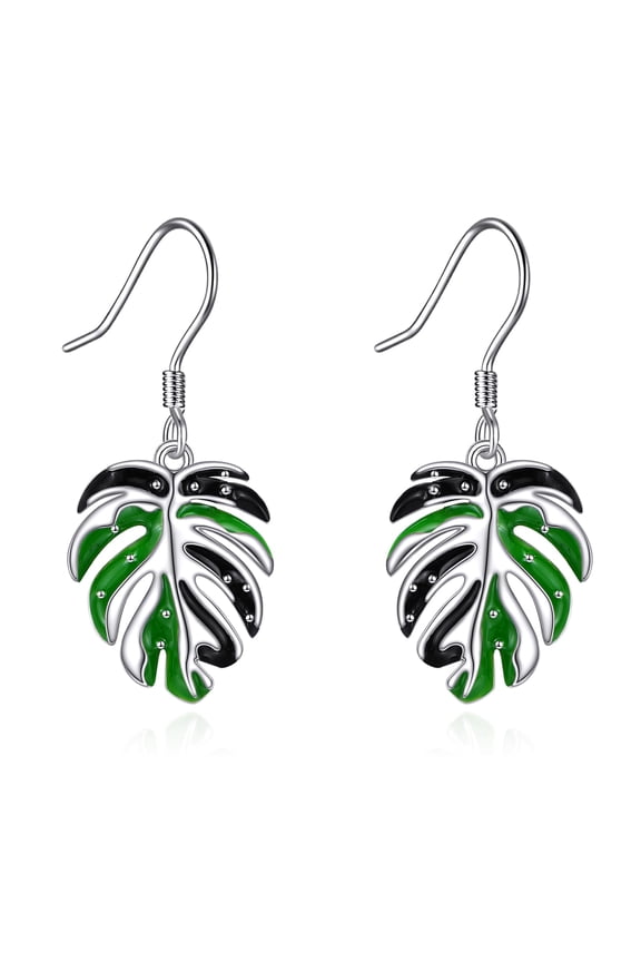 Tropical Monstera Dangle Drop Earrings Bohemian Enamel Green Leaf Earrings for Women Sterling Silver Boho Vaction Jewelry