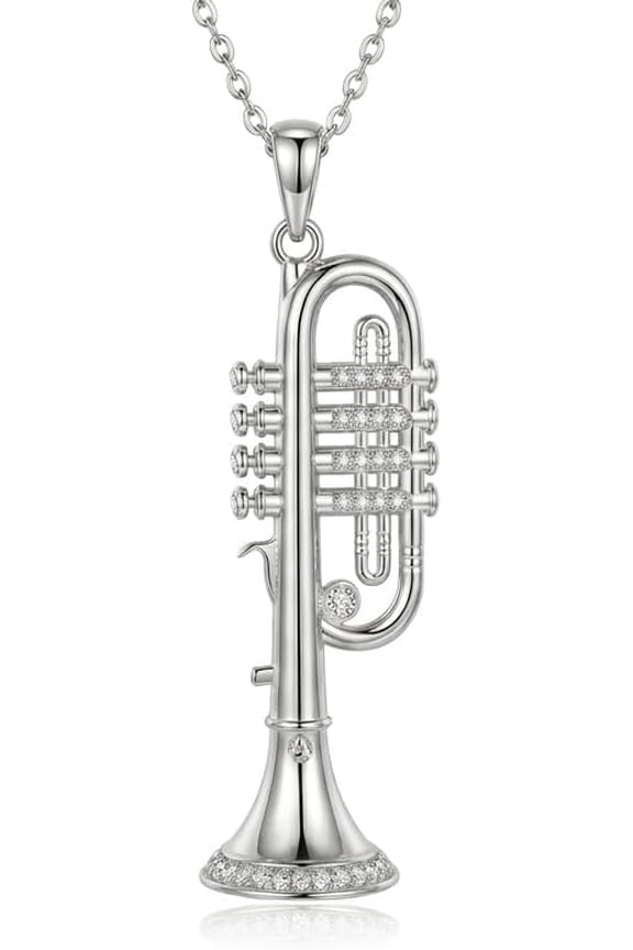 Trumpet Necklace for Men Women,3D Mini Trumpet Pendant with Cubic Zirconia, Music Instrument Jewelry Gifts for Trumpet Players, Musicians, Band Members