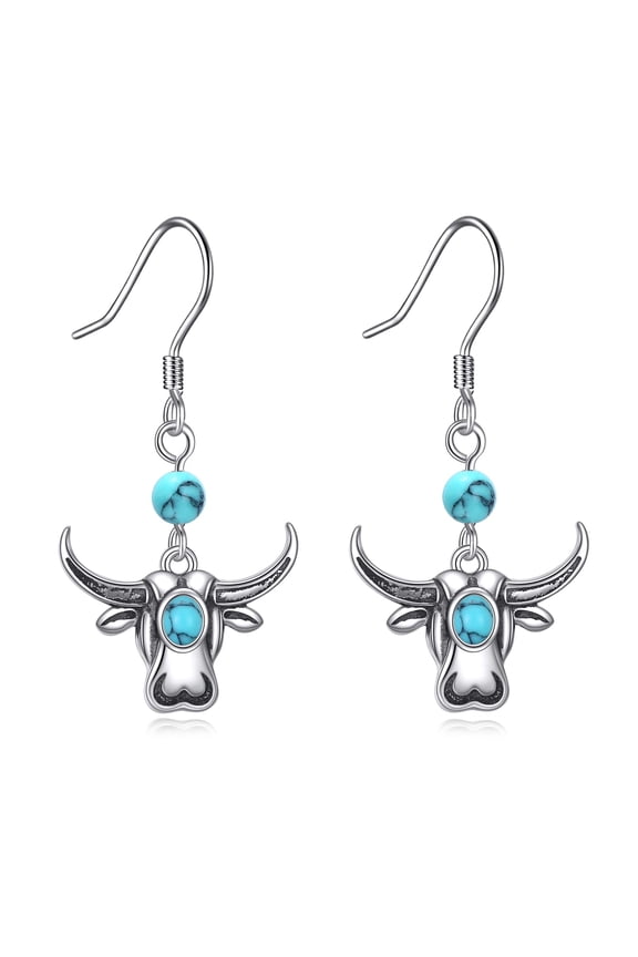 Turquoise Western Cow Earrings Sterling Silver Western Cowboy Cowgirl Cattle Dangle Earrings Vintage Texas Boho Jewelry Gifts for Women Men