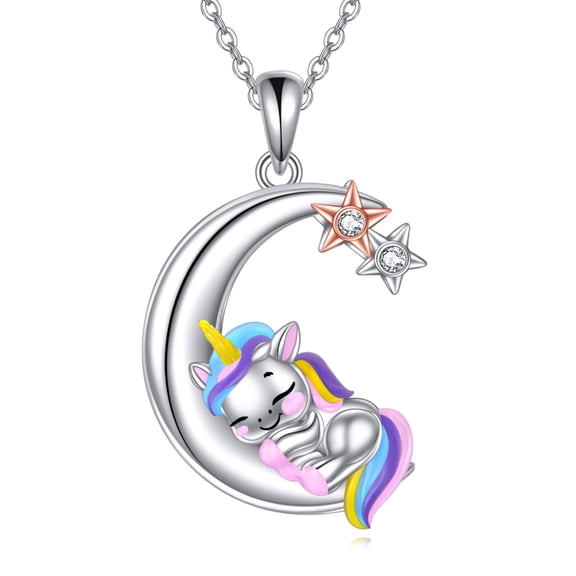 MYSTICPOEM Unicorn Moon Necklace 925 Sterling Silver Unicorn Pendant Necklaces Moon Phase Necklace Unicorn Jewelry for Women