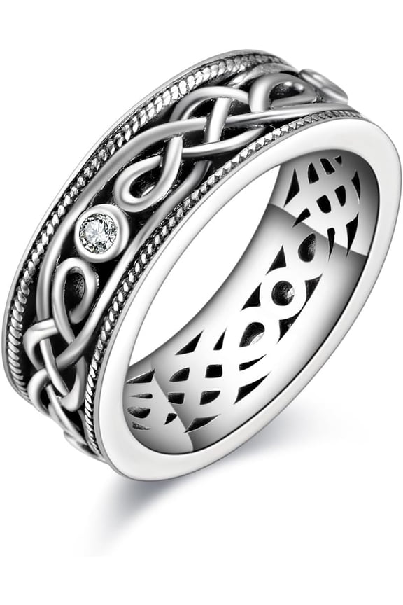 Unisex Celtic Knot Ring Vintage Tone Sterling Silver CZ Band Infinity Rings for Women Men