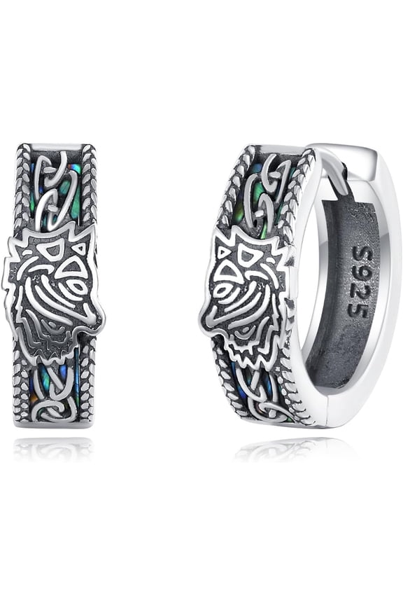 Viking Celtic Wolf Hoop Earrings Sterling Silver Vintage Hoop Earrings Viking Jewelry Gifts for Men Women