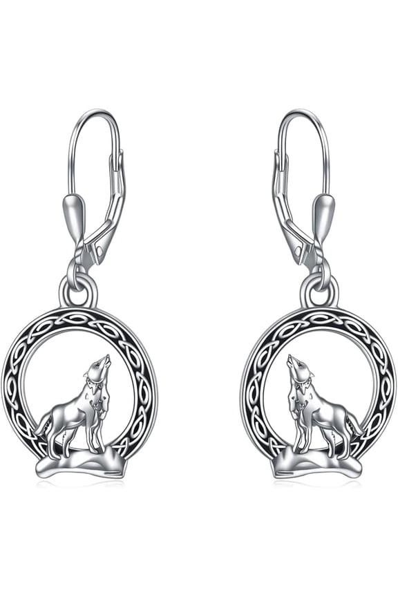 Viking Wolf Dangle Drop Earrings Sterling Silver Norse Celtic Wolf Moon Earrings for Women