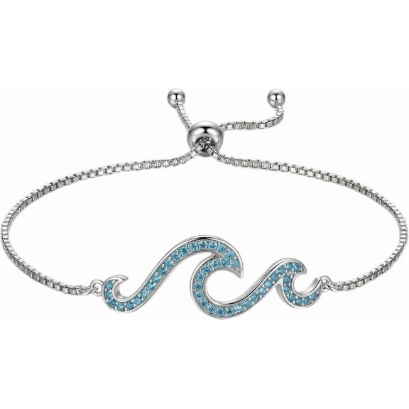 MYSTICPOEM Wave Bracelet for Women, Adjustable Blue CZ Ocean Sea Bolo Bracelet, Beach Nautical Surf Jewelry Gift for Surfers, Beach Lovers, Mom, Daughter