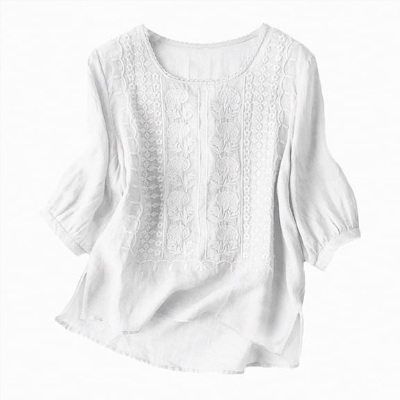 MYShe 3/4 Length Sleeve Women Tops Crew Neck Blouses Dressy Casual Shirts Loose Fit Business Work Clothes Womens Blouses Dressy Casual White,XL