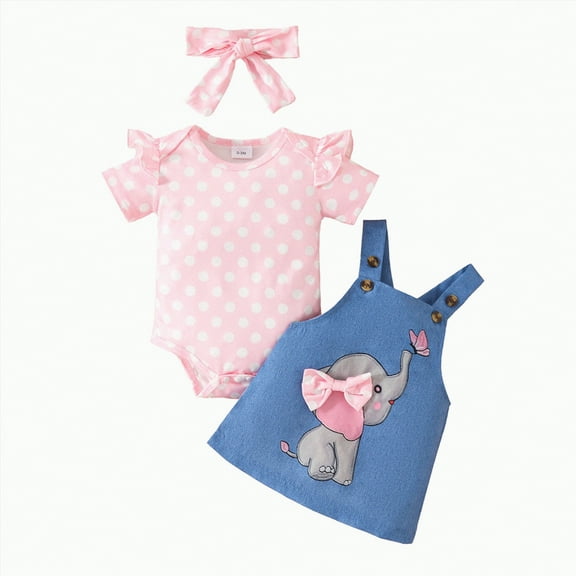 MYShe Baby Clothes Newborn Baby Girl Clothes Ruffle Romper Suspender Skirt Set Overall Dress Bow Headband Cute Outfit Pink,0-3 Months