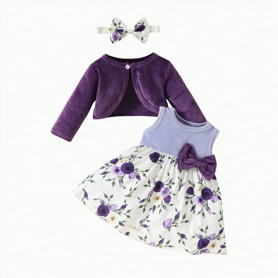 MYShe Baby Girl Clothes Baby Girl Dress Set 3PCS Fall Winter Long Sleeve Cardigan Floral Sleeveless Sundress Clothes Outfits Purple,12-18 Months