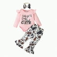 thumbnail image 1 of MYShe Baby Girl Clothes Girls Outfit Long Sleeve Printed Romper Bodysuit Cartoon Dairy Cow Prints Bell Bottoms Headband Outfits Girls Clothes Set Light Pink,6-12 Months, 1 of 7