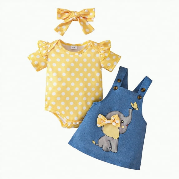 MYShe Clothes for Girls Baby Girl Clothes Ruffles Short Sleeve Romper Floral Suspender Skirt Set with Headband Girl Clothes 3Pcs Yellow,9-12 Months