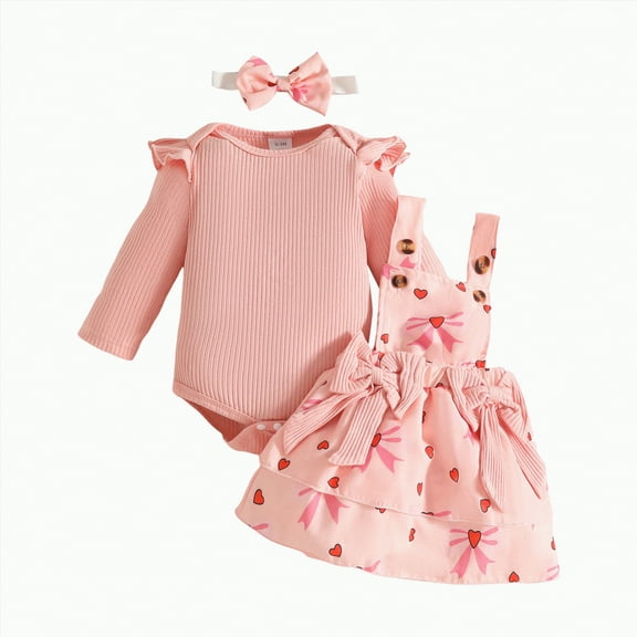 MYShe Girls Clothes Baby Girl Outfits Ruffle Long Sleeve Ribbed Romper Corduroy Suspender Skirt Overall Dress Fall Clothes Watermelon Red,12-18 Months