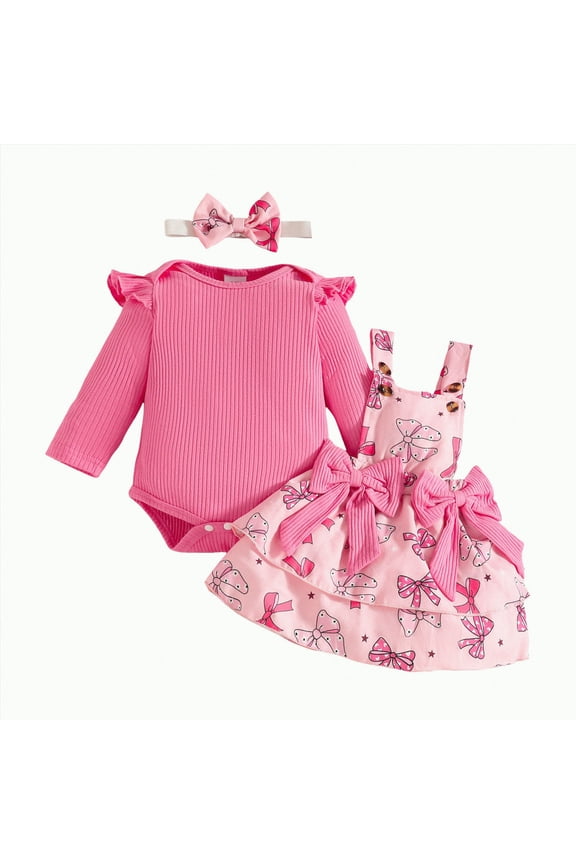 Girls' Dresses Cute Newborn Baby Girl Fall Winter Outfit Long Sleeve Ruffle Romper Plaid Bow Skirt Set Headband 3 Piece Clothes Hot Pink,12-18 Months