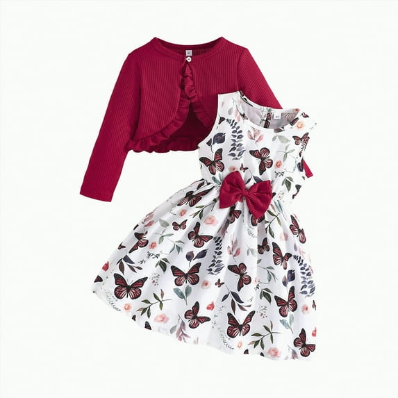 MYShe Girls Dresses Kid Toddler Girl Fall Dress+Cardigan 2 Piece Floral/Plaid Sleeveless Dress and Cardigan Set Red,5-6 Years
