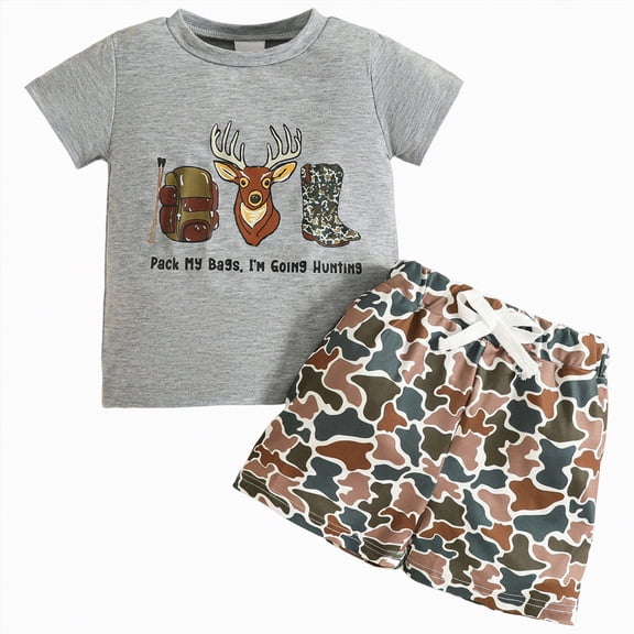 MYShe Newborn Boy Outfits Toddler Baby Boy Summer Clothes Retro Camo Hunting Shirts T-Shirt + Camouflage Shorts Set 6 12 18 24 Months 2T 3T,Grey,18-24 Months