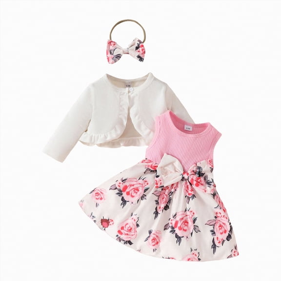 MYShe Toddler Girls Party Floral Dress with Bolero Shrugs Set Fashion Birthday Long Sleeve Cardigan Flower Printed Strap Slip Dress Three Piece Set White,3-6 Months