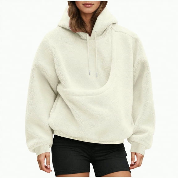 MYShe Women Hoodies Oversized Fleece Long Sleeve Comfy Casual Basic Pullover Sweatshirts 2025 Fall Clothes Hoodies for Women Beige,S