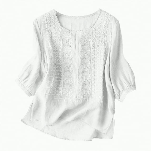 MYShe Women's 3/4 Sleeve Tops Dressy Casual Pleated V Neck Business Work Blouses Office Shirts Women's Blouses White,XXXL