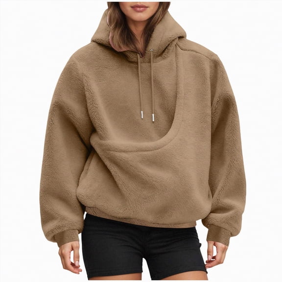 MYShe Womens Casual Winter Warm Fleece Sherpa Lined Pullover Hooded Sweatshirt Hoodie Women Brown,M