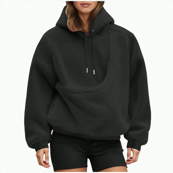 MYShe Womens Oversized Sweatshirts Hoodies Fleece Crewneck Sweaters Fall Fashion Winter Clothes 2025 Women's Hoodies Black,S