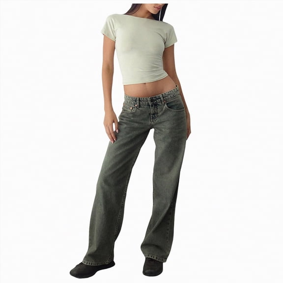 MYShe Wonens Jeans Women's Jeans High Waisted Wide Leg Jeans Stretchy Denim Pants Khaki L