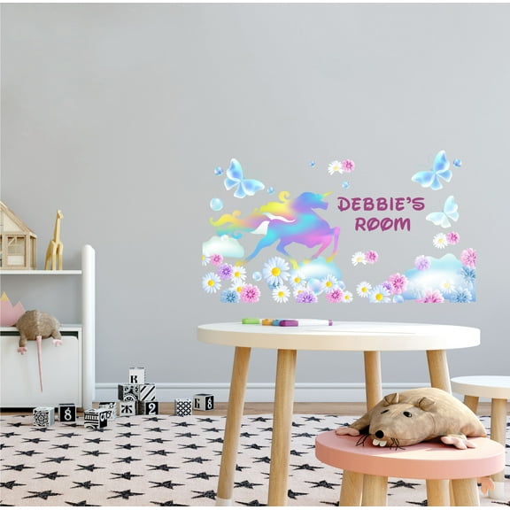 MYTHOLOGY - Adhesive Kids Nursery Bedroom Cotton Candy Colored Unicorn Sticker Multicolored Butterflies Flowers Design Vinyl Wall Decal - Home Art Customized Name Wall Decoration 10" x 6"