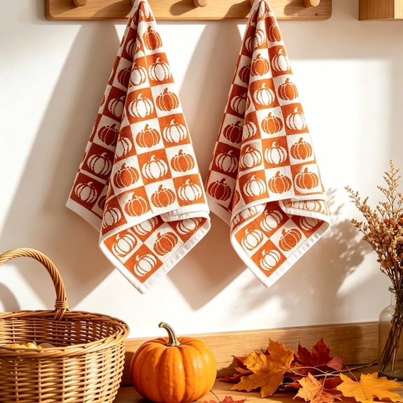 MYUNNIL 2 Pack Fall Pumpkin Kitchen Towels, 15.7 x 23.6" Farmhouse Soft Absorbent Orange White Plaid Pumpkin Pattern Decorative Hand Towels for Thanksgiving Halloween Kitchen Supply