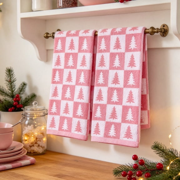 MYUNNIL 2Pcs Christmas Themed Hand Towels, 16 x 24" Soft Absorbent Xmas Tree Pattern Decorative Dish Towels, Reusable Seasonal Towels for Bathroom Kitchen & Holiday Gift