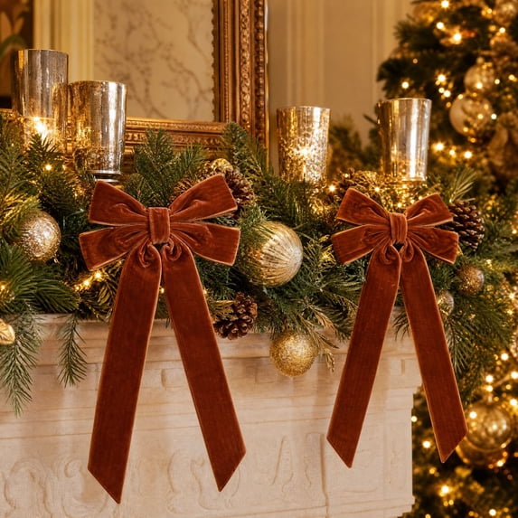 MYUNNIL 2Pcs Christmas Tree Bows Ornament, 9" Brown Pre-Tied Soft Rustic Reusable Long Tail Fabric Bows, Vintage Farmhouse Christmas Decoration for Wreath Indoor Home