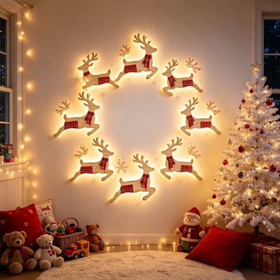 MYUNNIL 3D Lighted Wooden Reindeer Wall Decor Reindeer Silhouette Remote Control Warm LED with Snowflake Pattern 12 Pcs