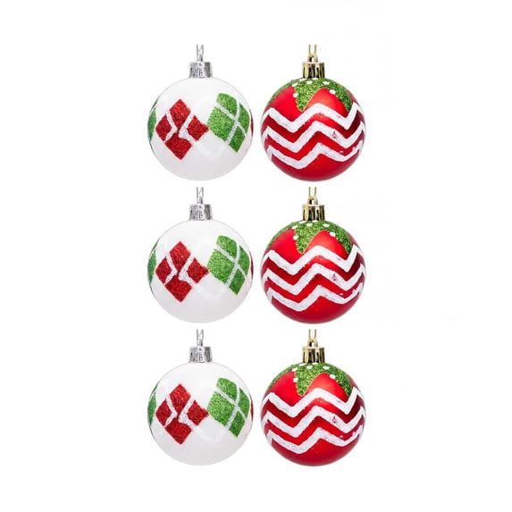 MYUNNIL 6Pcs Christmas Ball Ornaments, 2.36" Two-Style Glitter Red White Green Shatterproof Christmas Hanging Balls, Reusable Waterproof Seasonal Pendant for Xmas Tree Wedding Party
