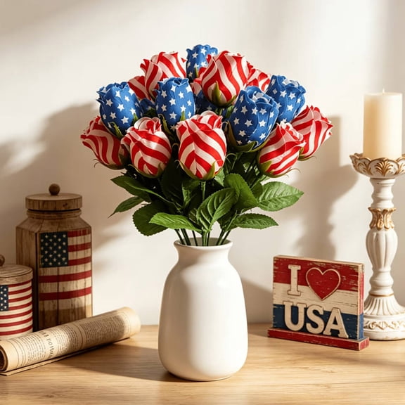 MYUNNIL American Flag Artificial Rose Bouquet, Patriotic Red White Blue Stars & Stripes Fade-Resistant Faux Flowers, 250th Anniversary Memorial Day Faux Flower for Table Centerpiece Decor