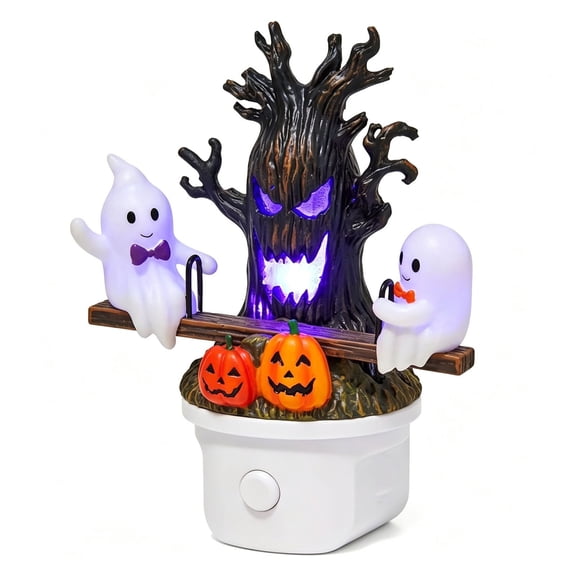 MYUNNIL Animated Seesaw Ghosts Night Light, Motion Activated 3D Plug-in Glowing Lamp with Spooky Tree & Pumpkin Design, Cute Halloween Decor Wall Light for Bedroom, Bathroom, Hallway