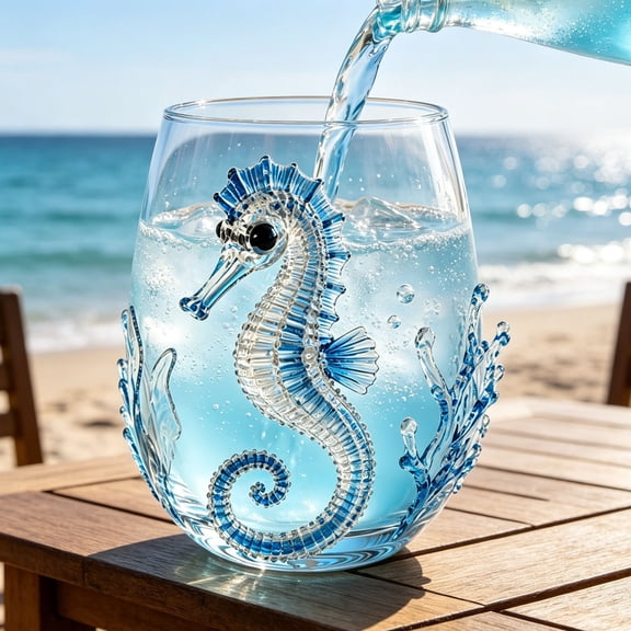 MYUNNIL Artisanal Seahorse Glassware, 2D Handcrafted Novelty Marine Animals Stemless Coastal Wine Glasses, 4 Inch Summer Decorative Drinkware for Coastal Bar Beach Daily Use & Ocean Lover Gift