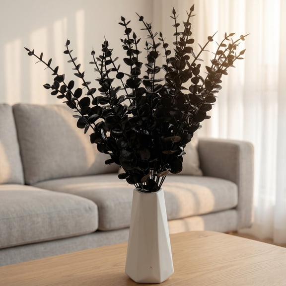MYUNNIL Black Artificial Eucalyptus Stems, 10 Pcs Gothic Dark Spooky Faux Waterproof Eucalyptus Branches, 15 Inch Seasonal Reusable Halloween Decoration for Vase Bouquet Wedding Party Home Floral