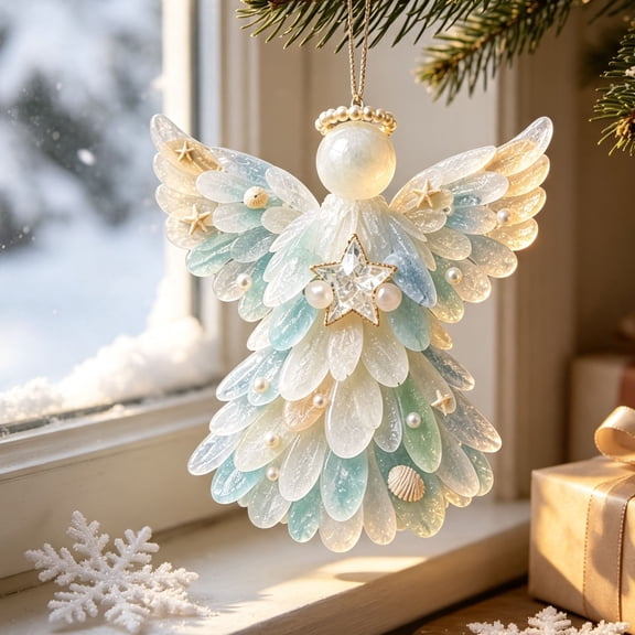 MYUNNIL Blue Christmas Sea Glass Hanging Ornament, 3.15" Mini Handmade Coastal Angel Shaped Acrylic Pendant, Novelty Seasonal Decoration for Home Decor & Holiday Gift
