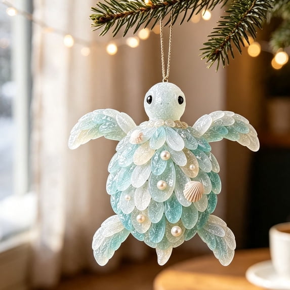 MYUNNIL Blue Christmas Sea Glass Hanging Ornament, 3.15" Mini Handmade Coastal Sea Turtle Shaped Acrylic Pendant, Novelty Seasonal Decoration for Home Decor & Holiday Gift