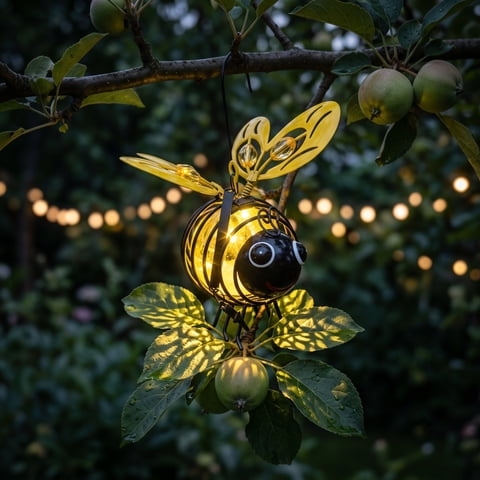 MYUNNIL Bumble Bee Solar Hanging Light, Cute Black Yellow Bumble Bee Metal Solar Hanging LED Lantern with Spiral Cut Out Design, Warm Amber Glowing Outdoor Decoration for Garden Patio Balcony Yard