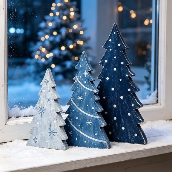 MYUNNIL Christmas 3 Piece Wooden Tree Decoration Set, Blue Distressed Xmas Tree Shaped Tabletop Ornaments with Snowflake Pattern for Mantel Shelf Home Party Display
