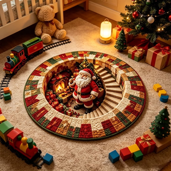 MYUNNIL Christmas 3D Illusion Round Rug, 23.6 x 23.6" Soft Santa Claus Pattern Non-Slip Crystal Velvet Floormat, Washable Reusable Decorative Mat for Living Room Bedroom Decor