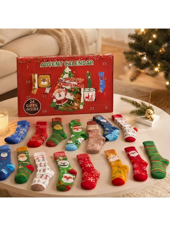 Christmas Advent Calendar Socks Set, 9.8" 24-Day Countdown Gift Box with Soft Winter Knit Socks, Funny Creative Festive Gift for Christmas Party Family