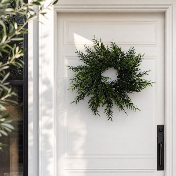 MYUNNIL Christmas Artificial Cedar Wreath, 12" Green Dense Waterproof Evergreen Greenery Hanging Wreath, Reusable Fade-Resistant Holiday Decoration for Window Wall Front Door Display