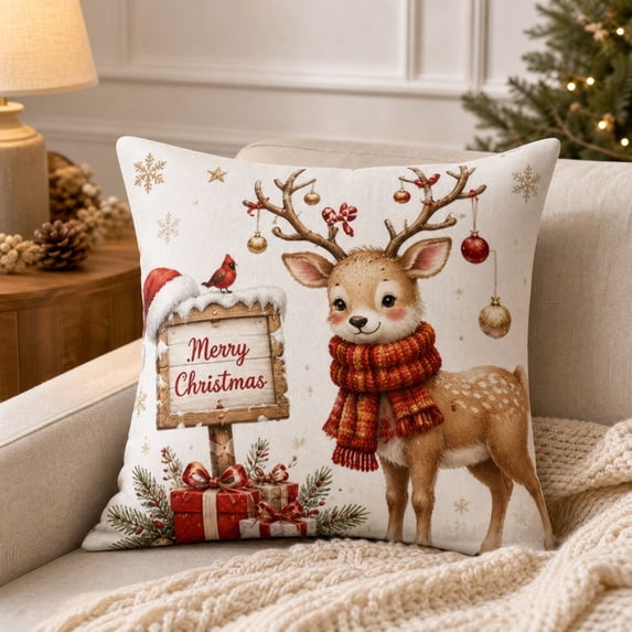 MYUNNIL Christmas Decorative Throw Pillow Covers, 18 x 18" Farmhouse Soft Reindeer Printed Washable Fabric Cushion Case with Hidden Zipper for Sofa Bedroom Office Decor